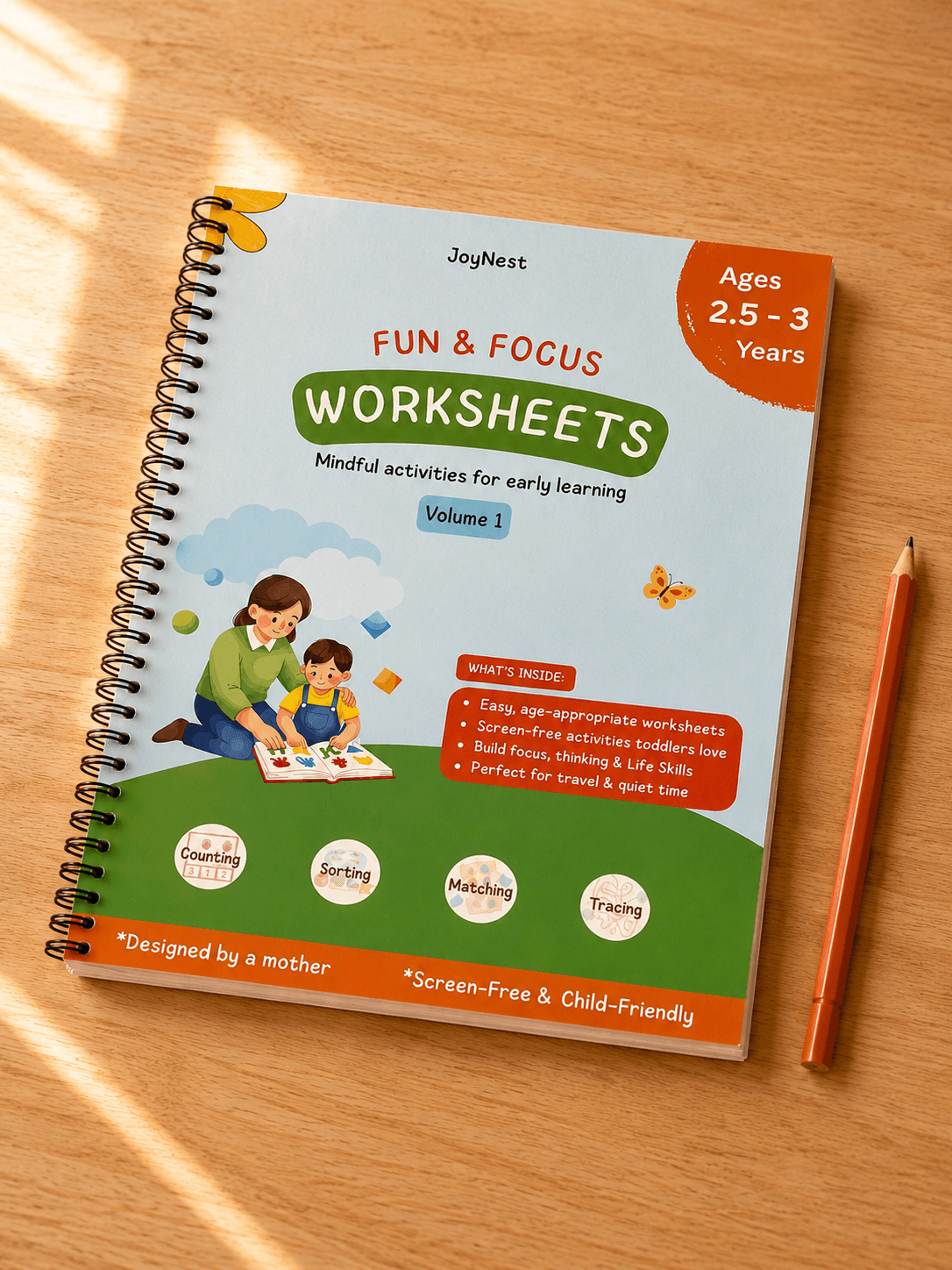 Made for exactly this age. Nothing wasted. — JoyNest activity workbook for 2.5-3 Years