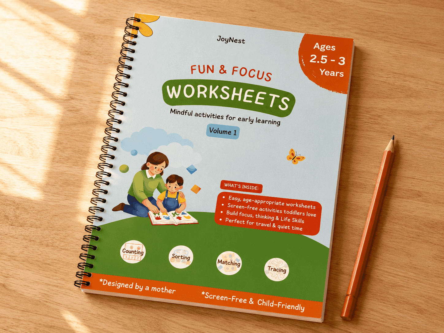 Made for exactly this age. Nothing wasted. — JoyNest activity workbook for 2.5-3 Years