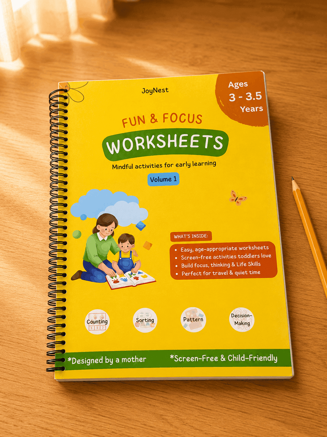 Made for exactly this age. Bigger thinking, same calm. — JoyNest activity workbook for 3-3.5 Years