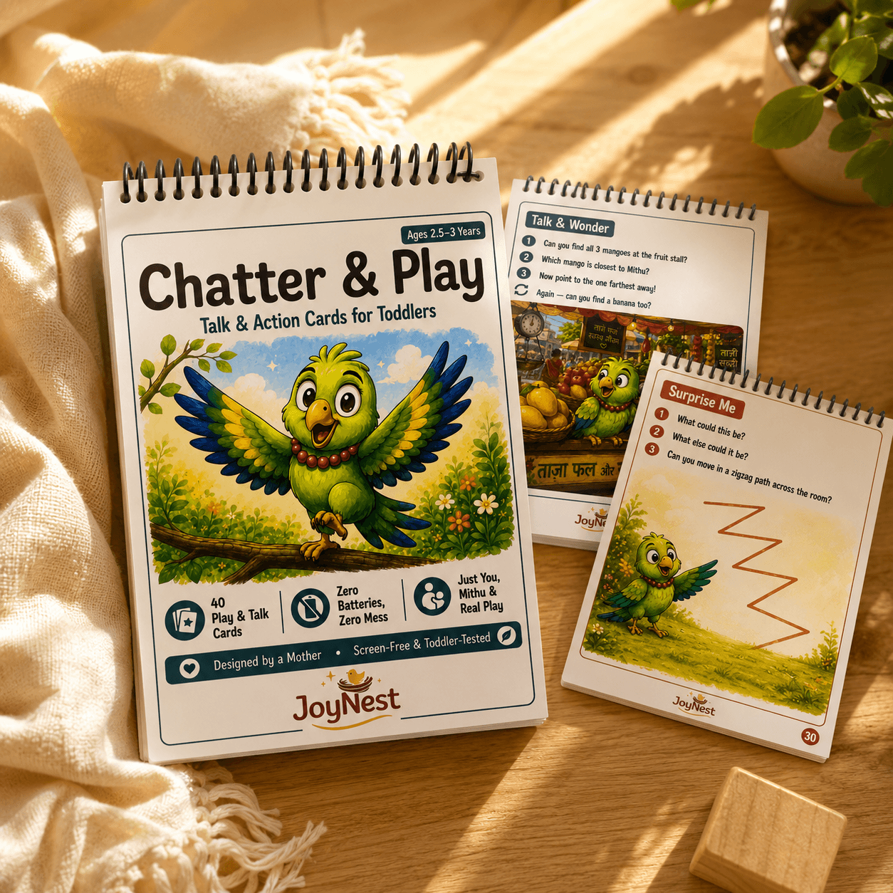 Some cards get you talking. Some get you moving. Every card gets you closer. — JoyNest activity workbook for 2.5-3 Years