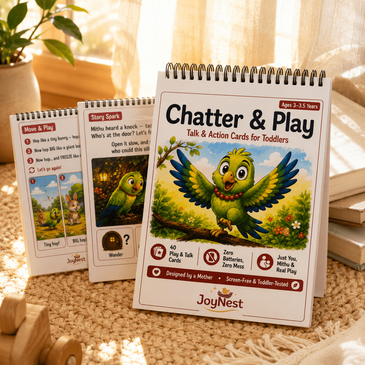 Some cards get you talking. Some get you moving. Every card gets you closer. — JoyNest activity workbook for 3-3.5 Years